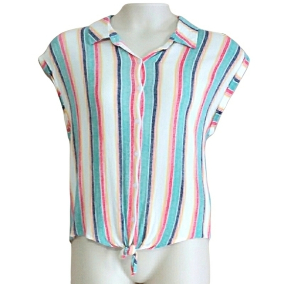 Zenobia Tops - Zenobia Women's Striped High-Low Button Front Shirt